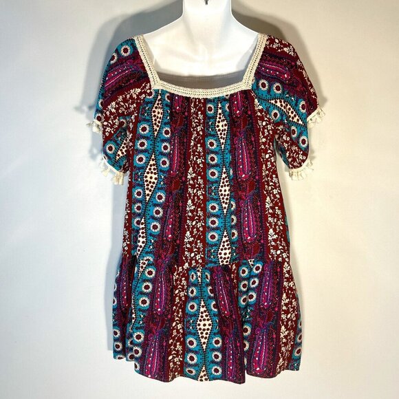 Umgee SZ M Wine & Aqua Print Peasant Mini Dress Cottage Boho French 70's - Picture 5 of 8